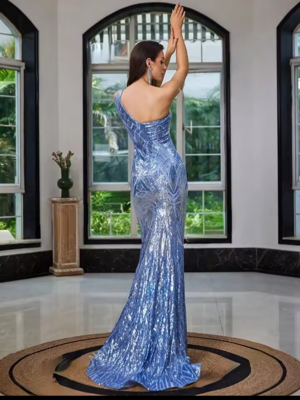 One-Shoulder Sequin Evening Gown in Light Blue - Picture 7 of 16